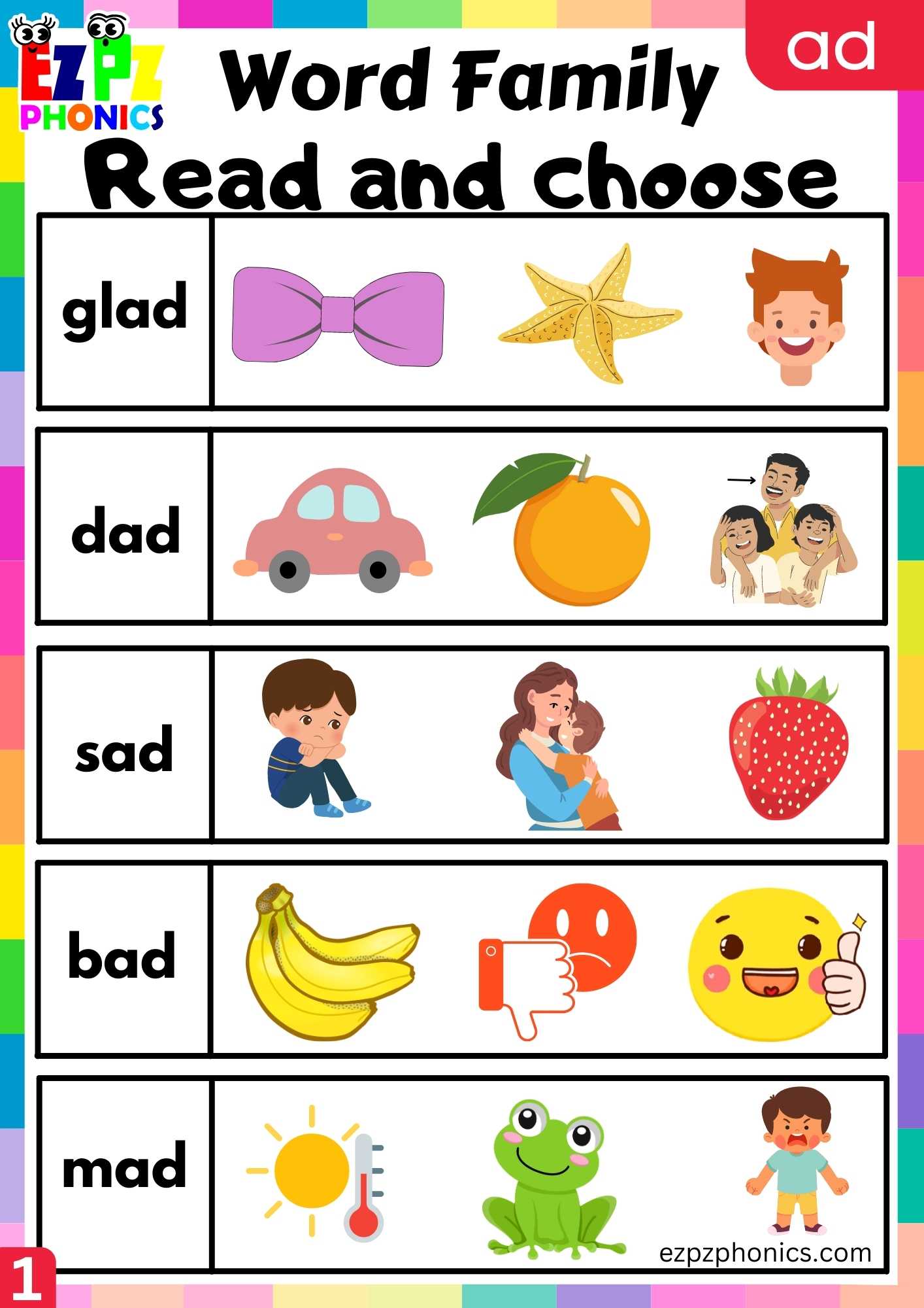 Words With Friends 2 Ad Free AD Words Read And Choose Phonics Word Families Worksheet - ezpzphonics.com
